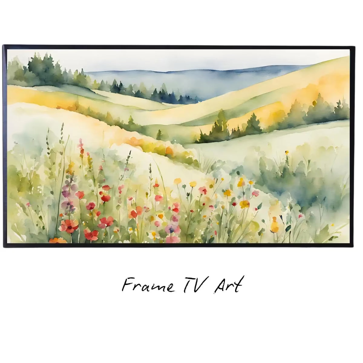 Wildflowers Hills Art For Frame TV. 4K Landscape Watercolor Decor. Minimalist Nature Scene Floral Wall Art – Frame TV  Art