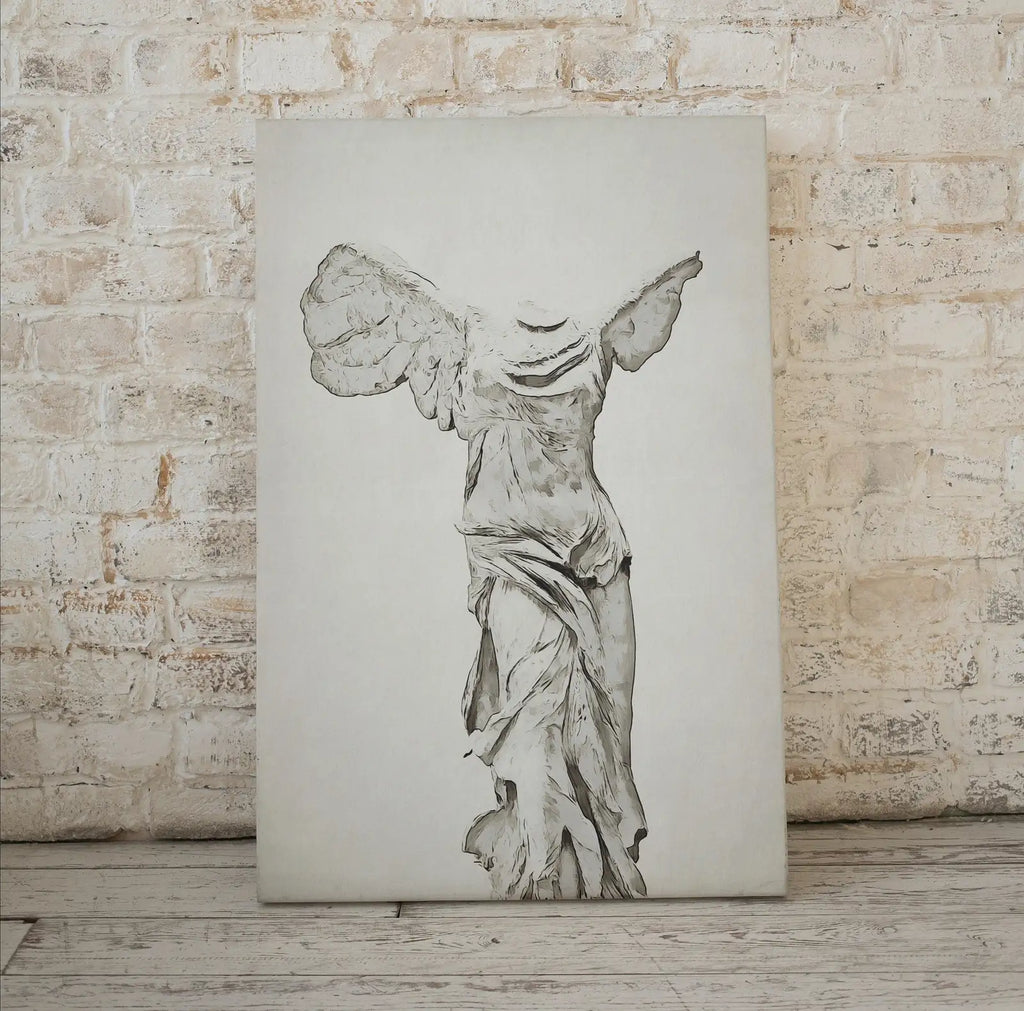 Detail view of artwork from Winged Victory of Samothrace Greek Mythology Printable Wall Art. Greek Sculpture Decor, Aesthetic Minimalist Decor Greek Goddess Statue.. (variation 1)