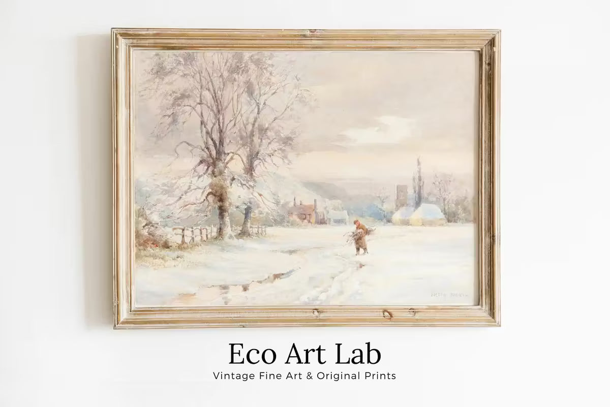 Winter Farm Town Painting Vintage Landscape Print. Country Soft Colors Watercolor Painting Winter Landscape. Farmhouse Country Art Print – Printable Wall Art