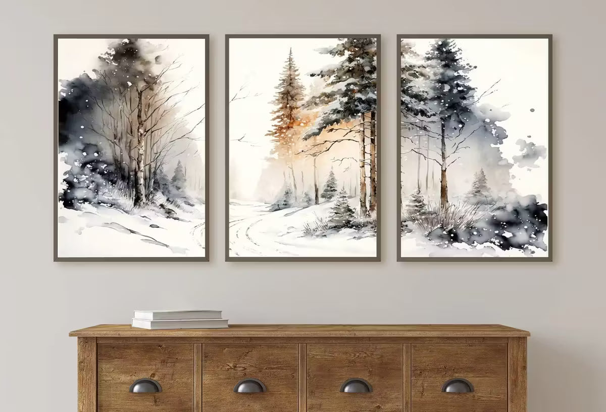Winter Forest Landscape Printable. 3 Piece Wall Art. Snowy Forest Watercolor Painting. Printable Wall Art. Set of 3 Prints. Gallery Wall Set – Printable Wall Art Set
