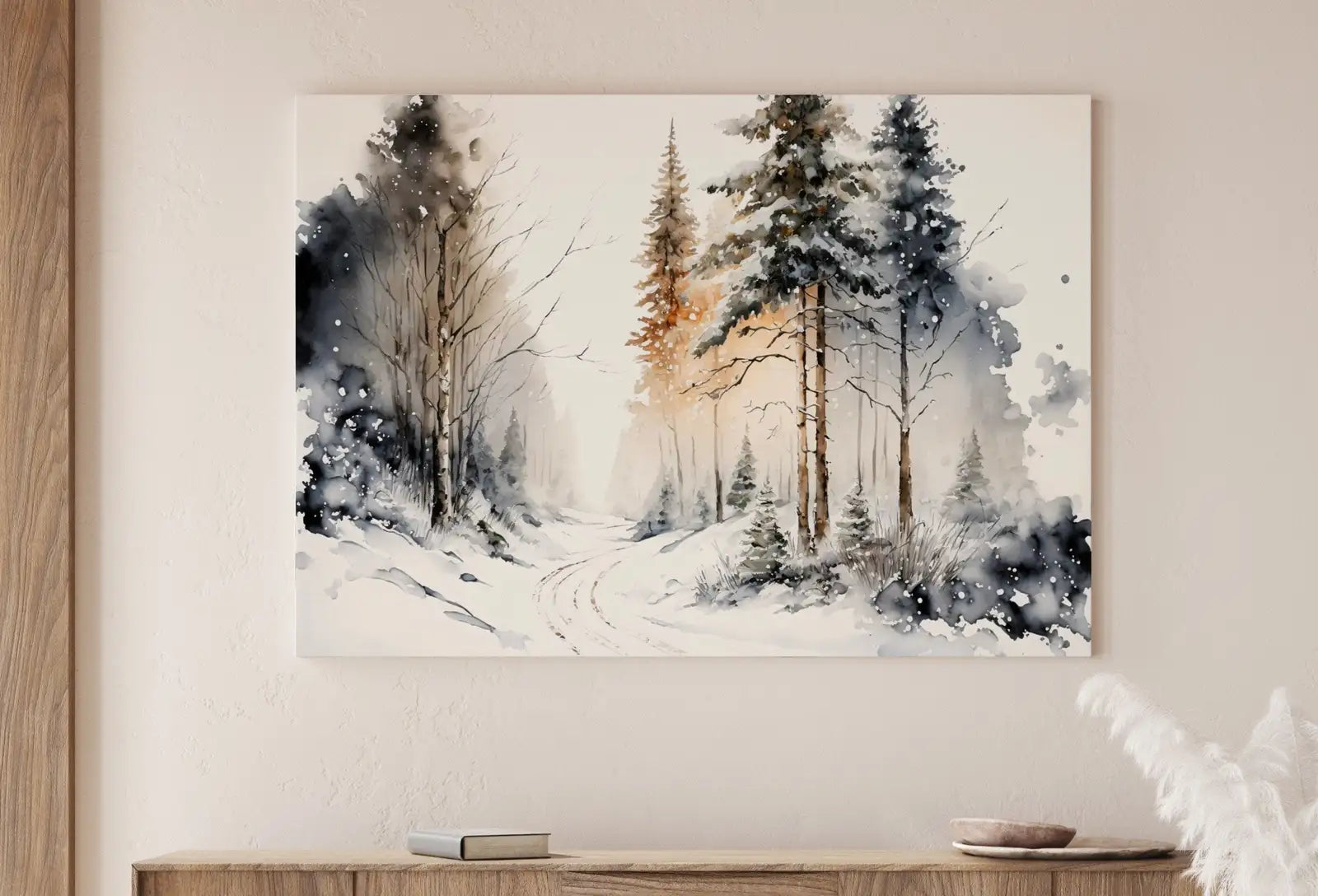 Paysage de sentier forestier d’hiver à l’aquarelle à imprimer. Peinture d’arbres de forêt verte. Art mural à imprimer. Art numérique de décor nature. Art de forêt