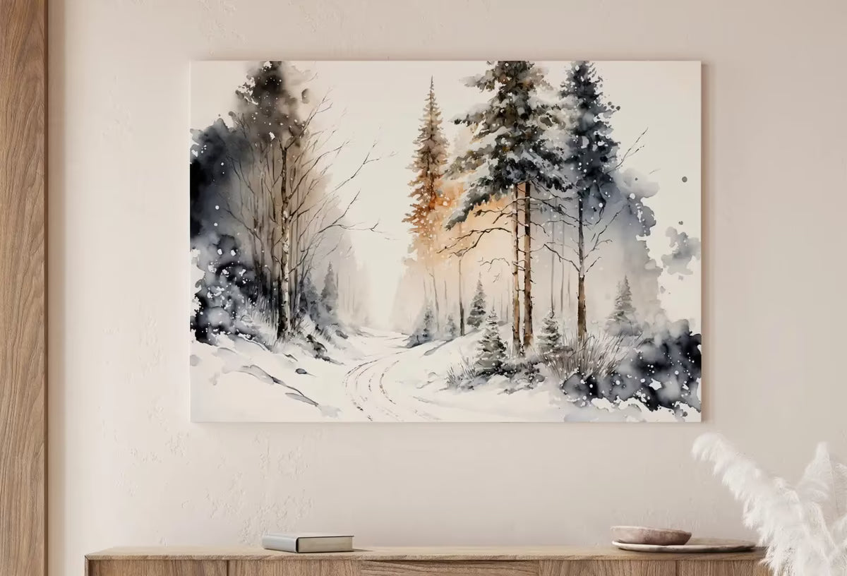 Winter Forest Trail Watercolor Landscape Printable Art. Green Forest Trees Painting Print. Printable Wall Art. Digital Forest Nature Decor – Printable Wall Art