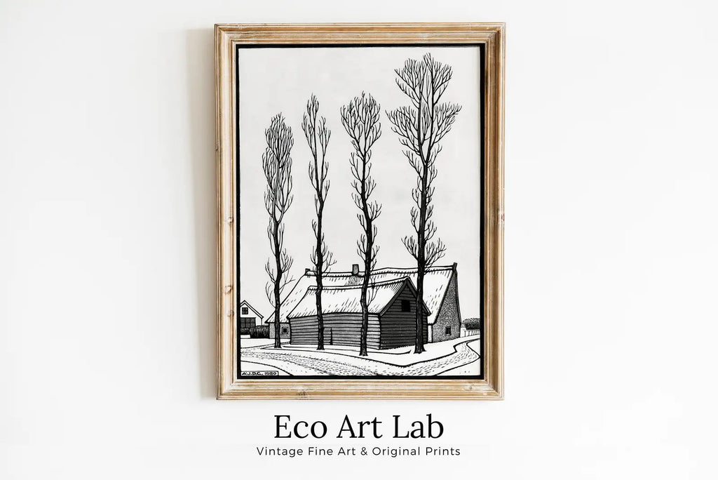 Framed view of Winter Scene Vintage Art Nouveau Print. Instant Download Black and White Print. Julie De Graag Poster Printable Wall Art. Art Nouveau Poster – printable wall art digital download.
