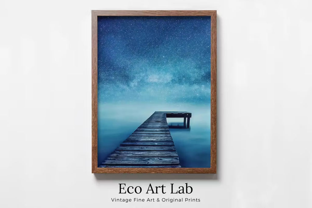Wooden Pier at Night Printable Wall Art, Wooden Pier Print, Pier on Lake Print, Starry Night Sky Lake Landscape Wall Decor, Wood Jetty – Printable Wall Art