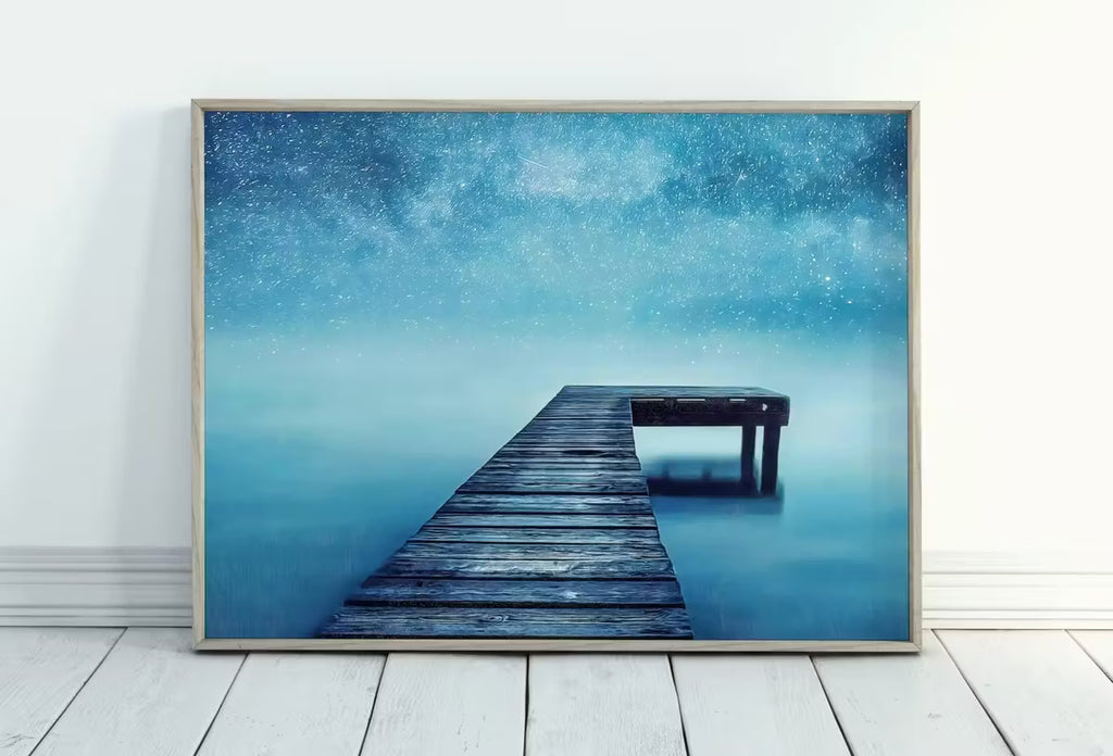 Wooden Pier at Starry Night Printable Wall Art. Wooden Pier Print. Pier on Lake Print Starry Night Sky Lake Landscape Wall Decor, Wood Jetty – Printable Wall Art