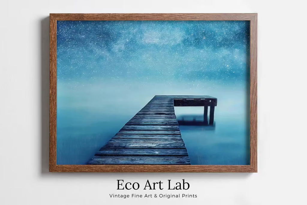 Wooden Pier at Starry Night Printable Wall Art. Wooden Pier Print. Pier on Lake Print Starry Night Sky Lake Landscape Wall Decor, Wood Jetty – Printable Wall Art