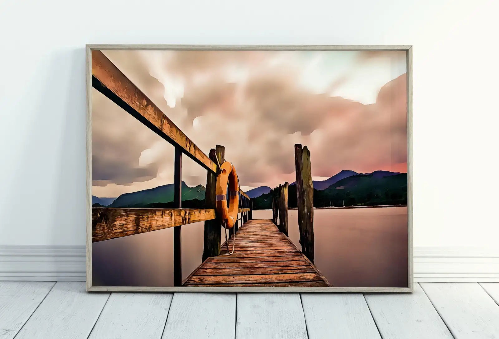 Pier au lever du soleil sur le lac. Impression murale imprimable. Téléchargement instantané pour la décoration murale. Art de la jetée au lever du soleil.