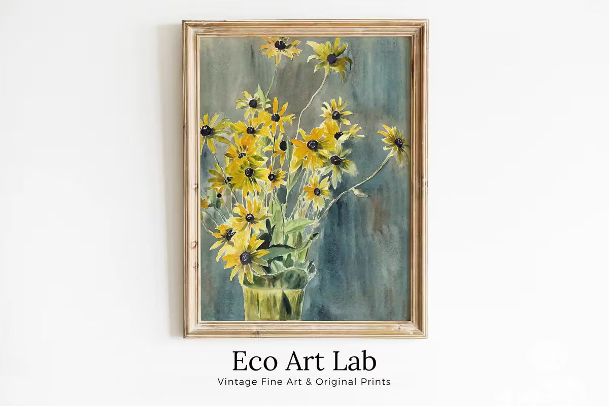 Yellow Flowers Vase Still Art Vintage Print. Botanical Painting Still Life Printable Digital Wall Art. Antique Retro Style Instant Download – Printable Wall Art