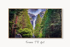 Yosemite Falls Landscape National Park Frame TV Art. Digital Download Mountain Wall Art, Artwork for The Frame TV, Art for Samsung Frame displayed on Samsung Frame TV on a living room wall.
