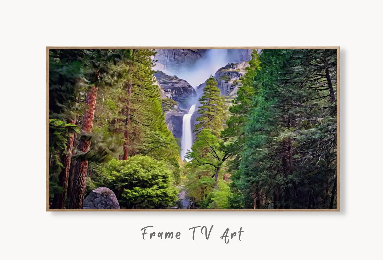 Yosemite Falls Landscape National Park Frame TV Art. Digital Download Mountain Wall Art, Artwork for The Frame TV, Art for Samsung Frame displayed on Samsung Frame TV on a living room wall.