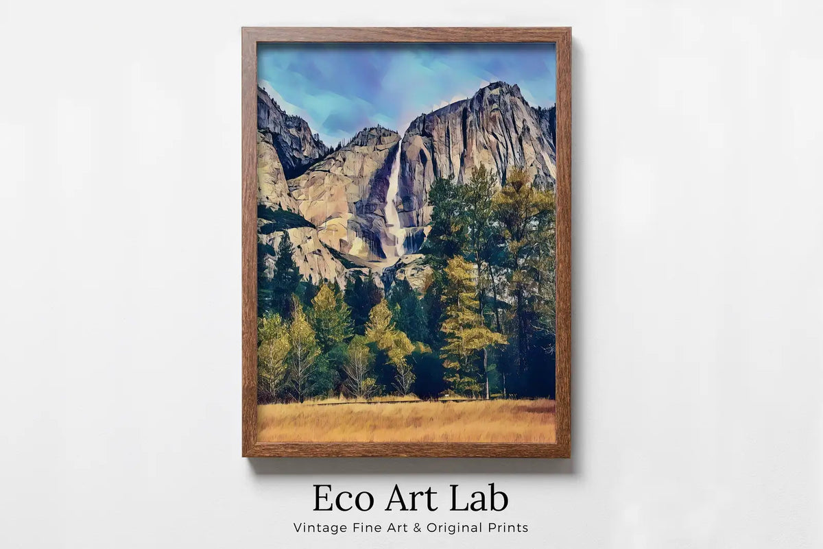 Framed view of Yosemite Falls Wall Art Autumn Landscape Poster. Instant Download Yosemite Wall Art Digital Painting, Vertical Poster National Park Art – printable wall art digital download.