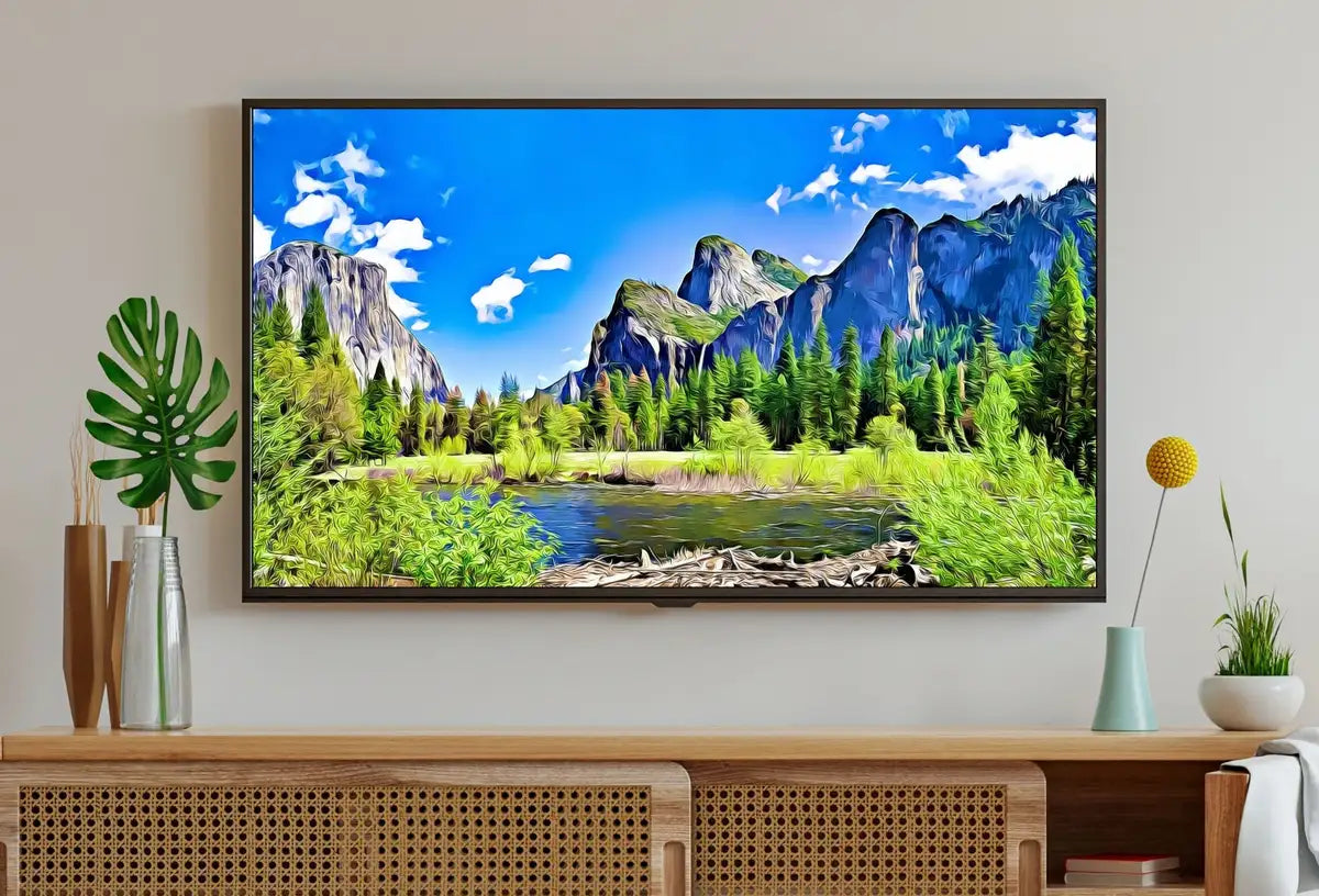 Detail view of artwork from Yosemite Mountains and River Frame TV Art Landscape Digital Download, Digital Art for Tv, Colorful Frame TV Art. (variation 2)