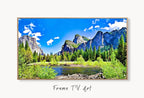 Yosemite Mountains and River Frame TV Art Landscape Digital Download, Digital Art for Tv, Colorful Frame TV Art displayed on Samsung Frame TV on a living room wall.