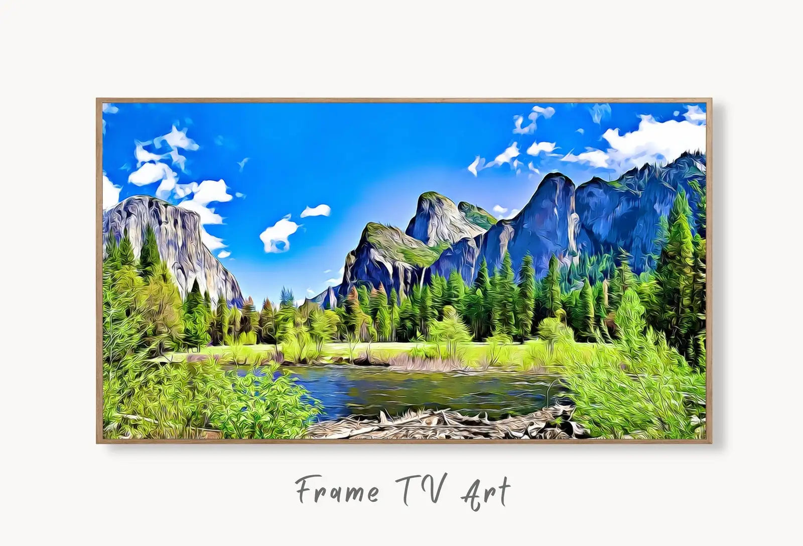 Yosemite Mountains and River Frame TV Art Landscape Digital Download, Digital Art for Tv, Colorful Frame TV Art displayed on Samsung Frame TV on a living room wall.