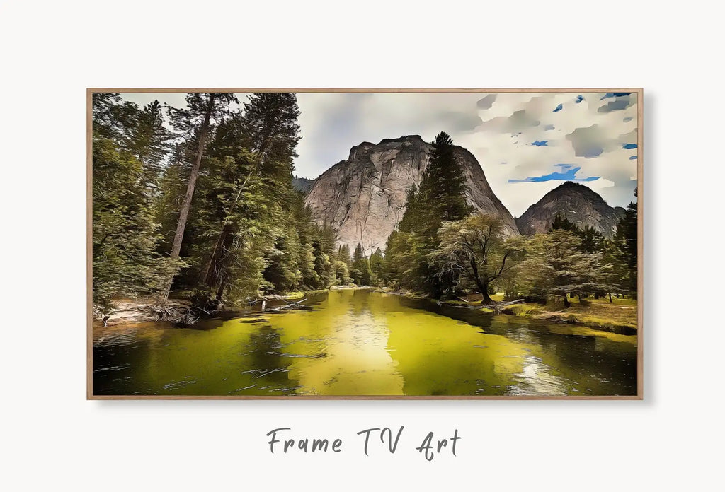 Yosemite National Park Frame TV Art, Digital Download Mountain Wall Art, Artwork for The Frame TV, Landscape Art for Samsung Frame displayed on Samsung Frame TV on a living room wall.