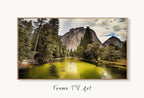 Yosemite National Park Frame TV Art, Digital Download Mountain Wall Art, Artwork for The Frame TV, Landscape Art for Samsung Frame displayed on Samsung Frame TV on a living room wall.