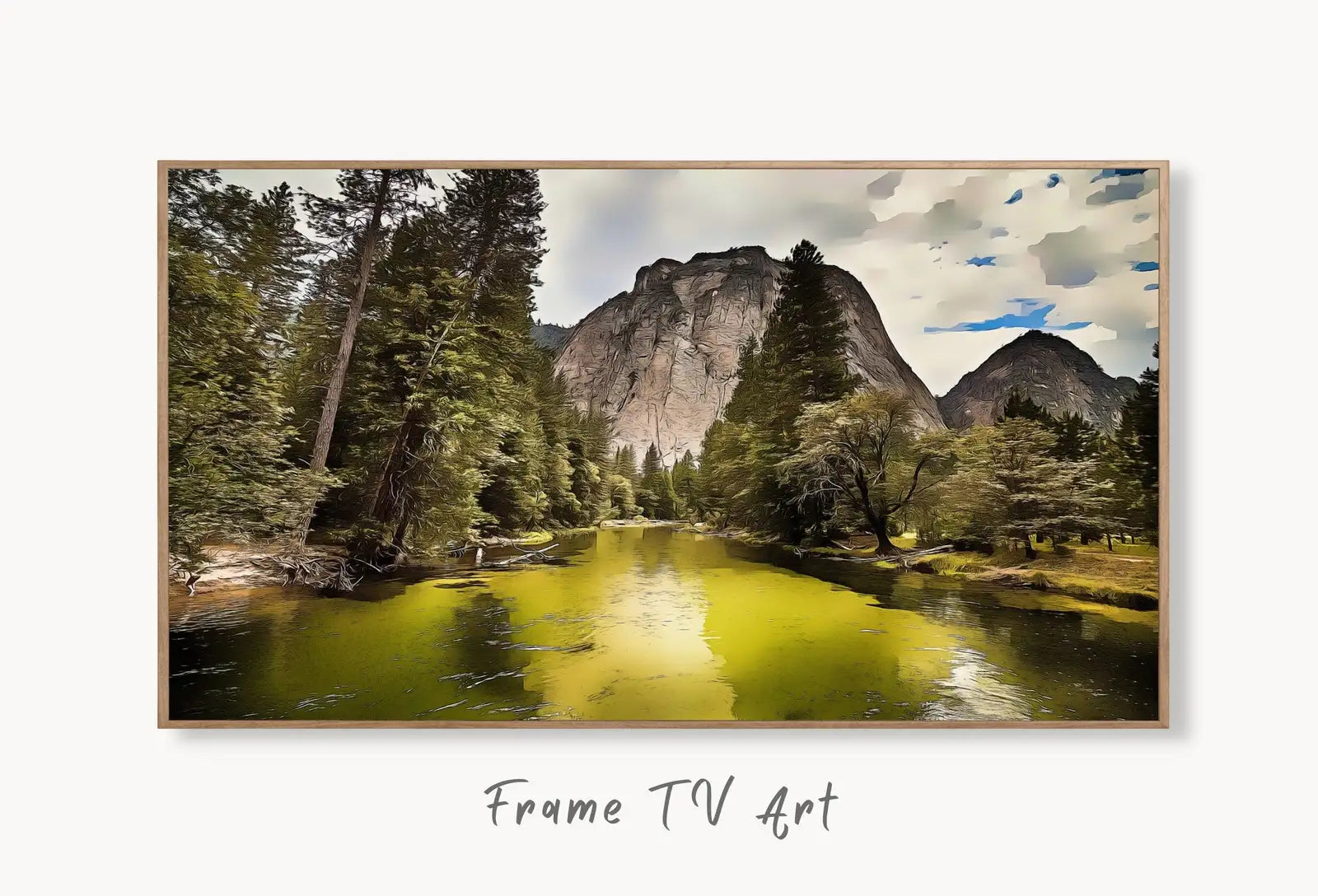 Yosemite National Park Frame TV Art, Digital Download Mountain Wall Art, Artwork for The Frame TV, Landscape Art for Samsung Frame displayed on Samsung Frame TV on a living room wall.