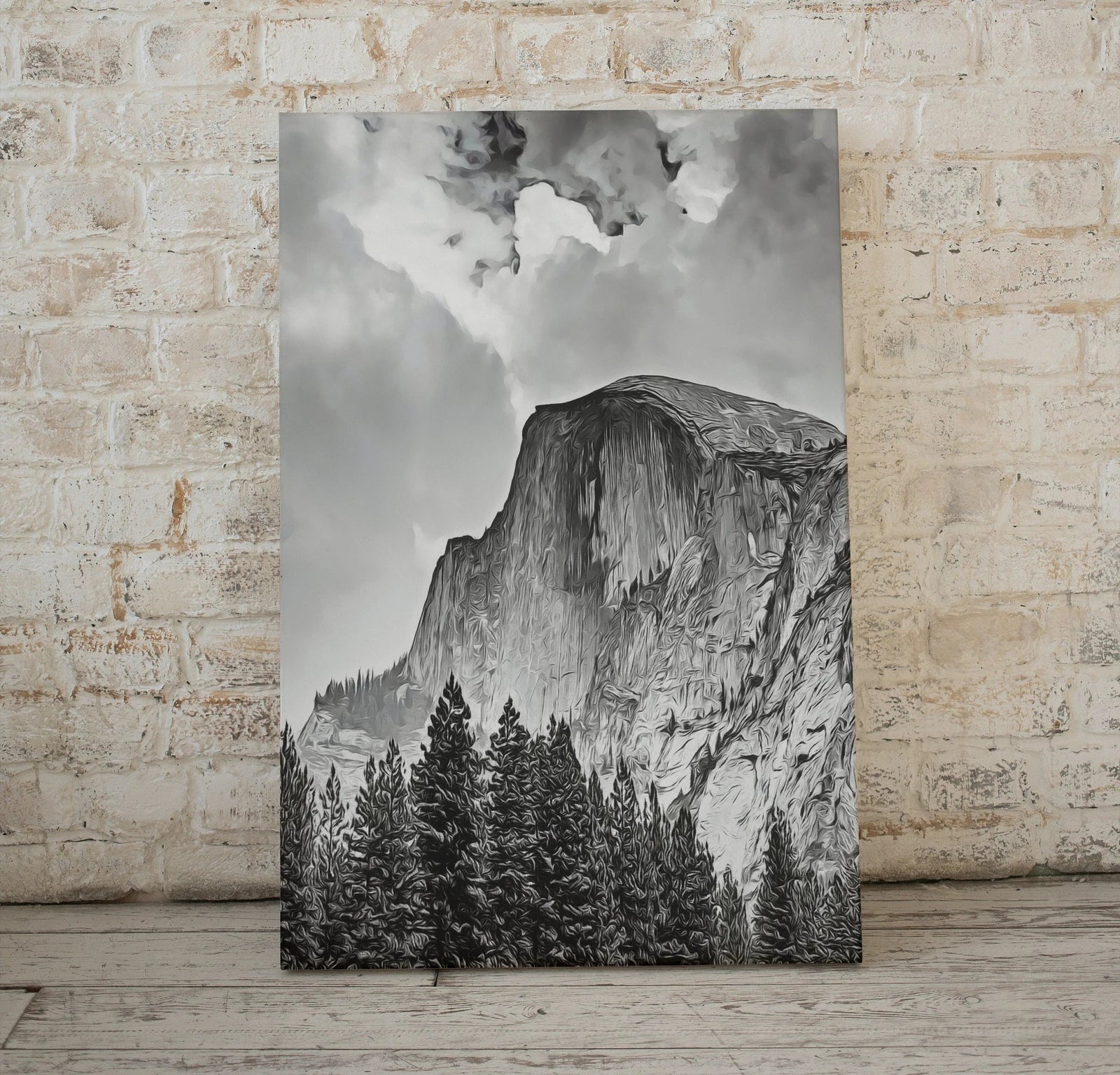 Affiche murale Yosemite : Une impression murale verticale en noir et blanc représentant le parc national de Yosemite. Téléchargement instantané.