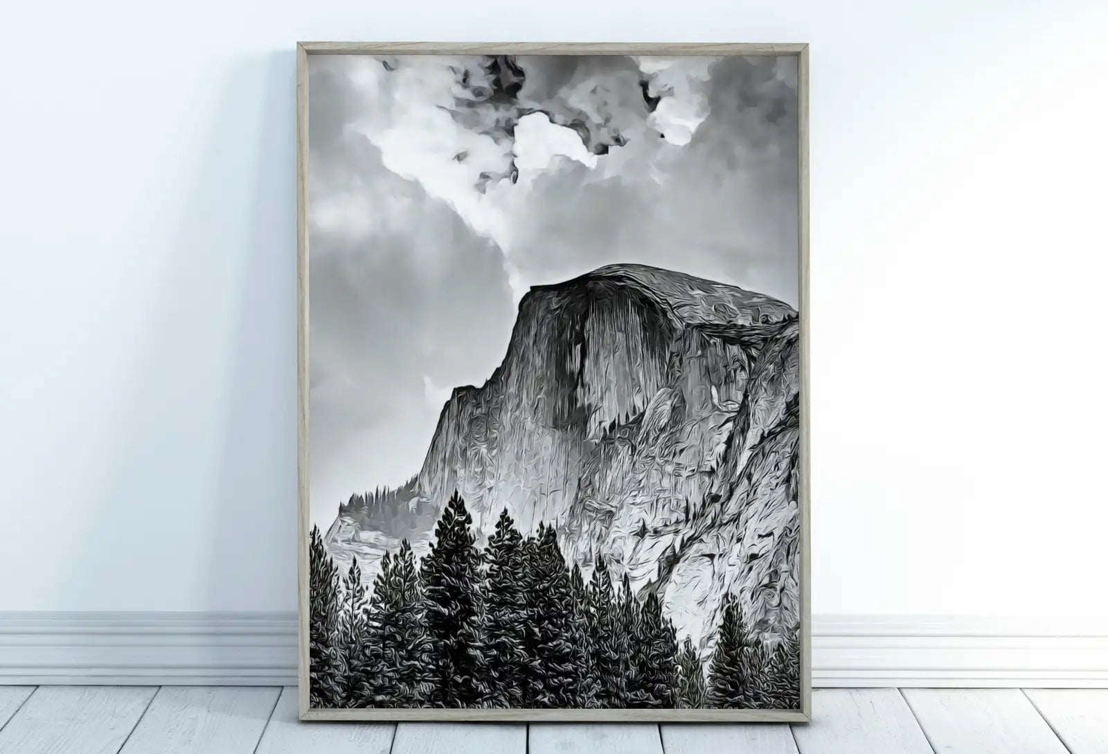 Affiche murale Yosemite : Une impression murale verticale en noir et blanc représentant le parc national de Yosemite. Téléchargement instantané.