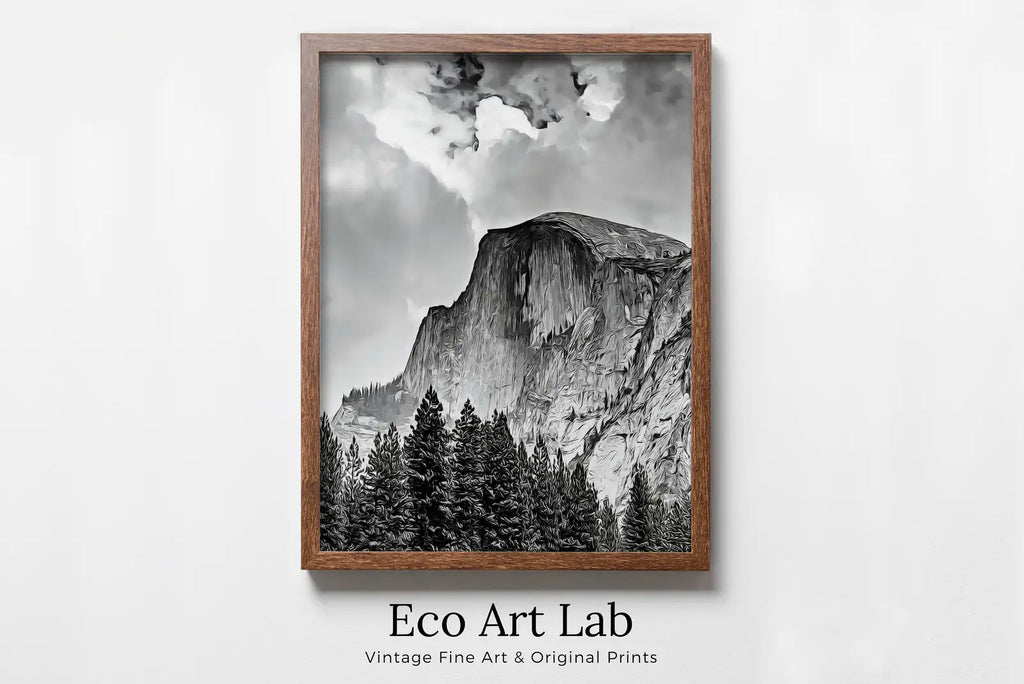 Affiche murale Yosemite : Une impression murale verticale en noir et blanc représentant le parc national de Yosemite. Téléchargement instantané.