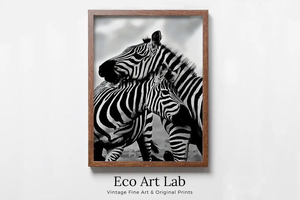 Art mural imprimable noir et blanc - Amour de zèbres. Impression numérique de zèbres en noir et blanc. Téléchargement instantané. Art d’animaux sauvages.