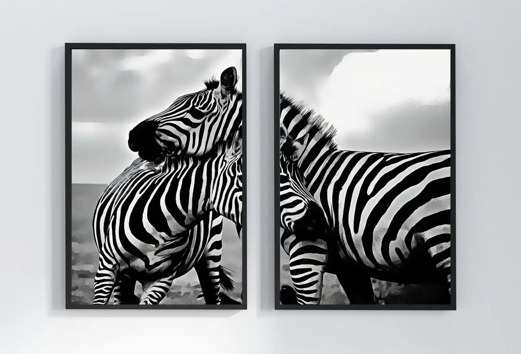 Framed view of Zebra Love Black and White Set of 2 Prints. Printable Wall Art Zebra Digital Print 2 Piece Wall Art. Instant Download Safari Animals Print – printable wall art digital download.