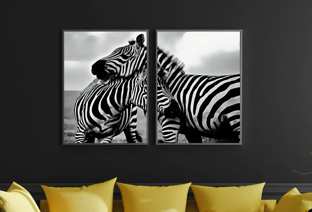 Included artwork preview showing first selection of artworks from Zebra Love Black and White Set of 2 Prints. Printable Wall Art Zebra Digital Print 2 Piece Wall Art. Instant Download Safari Animals Print.