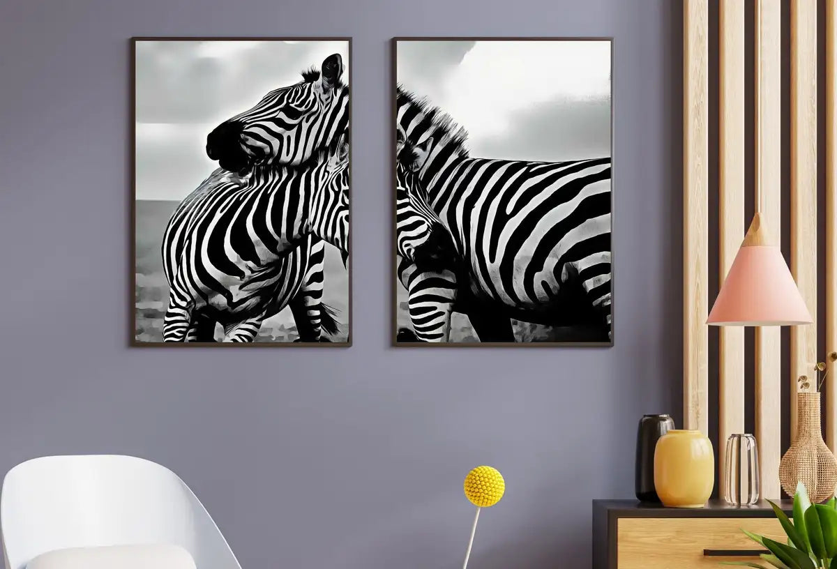 Second included artwork preview from Zebra Love Black and White Set of 2 Prints. Printable Wall Art Zebra Digital Print 2 Piece Wall Art. Instant Download Safari Animals Print featuring various scenes.