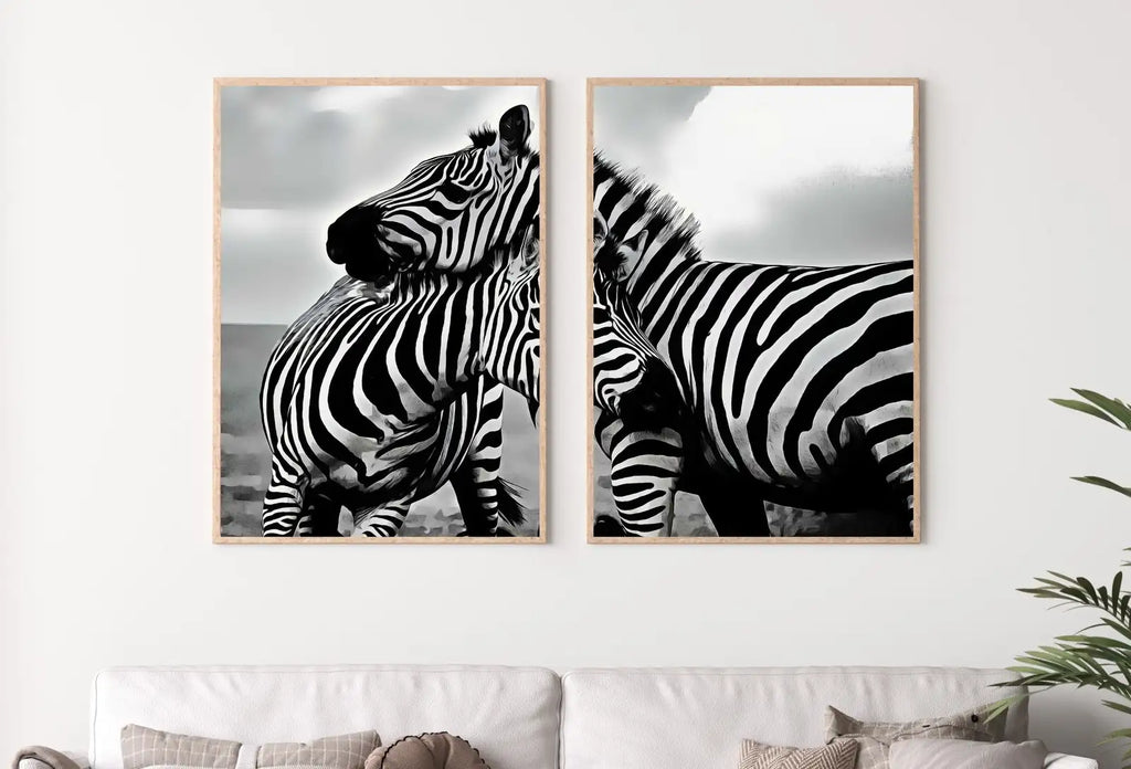 Detail view of artwork from Zebra Love Black and White Set of 2 Prints. Printable Wall Art Zebra Digital Print 2 Piece Wall Art. Instant Download Safari Animals Print. (variation 2)