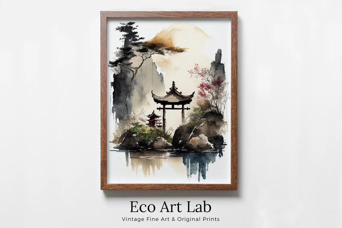 Framed view of Zen Garden Printable Wall Art. Instant Download Watercolor Zen Art. Japandi Landscape. Japanese Wall Art. Spiritual Painting. Asian Wall Art – printable wall art digital download.