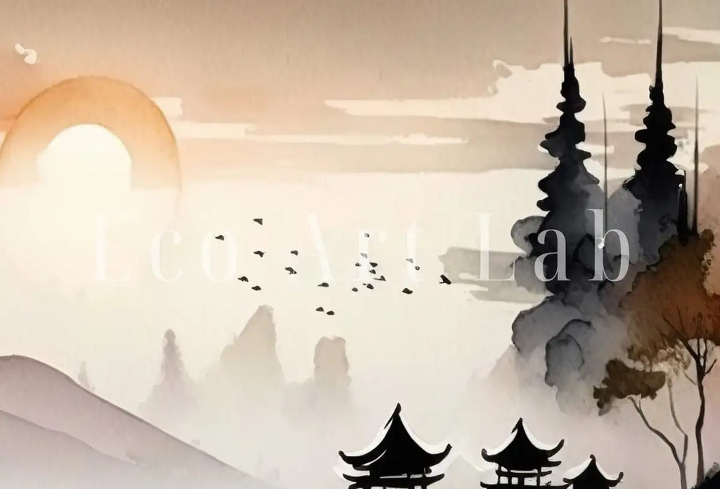 Detail view of artwork from Zen Printable Nature Art. Abstract Japanese Mountain Watercolor Painting. Colorful Forest Landscape. Mountain Forest Art. Printable Wall Art. (variation 2)
