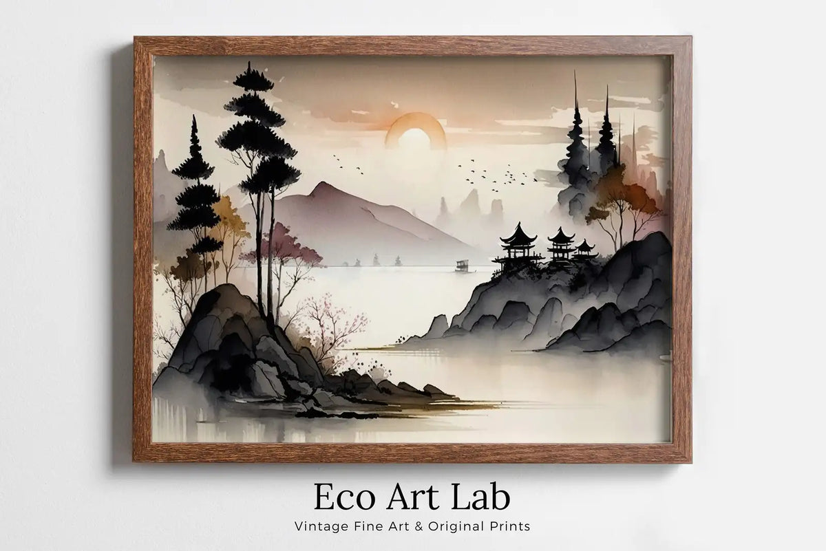 Framed view of Zen Printable Nature Art. Abstract Japanese Mountain Watercolor Painting. Colorful Forest Landscape. Mountain Forest Art. Printable Wall Art – printable wall art digital download.